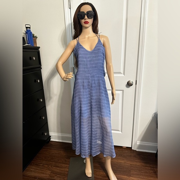 NWT-Indigo Blue Contrast Stripes Sheer Flare Leg Jumpsuit - Picture 10 of 12